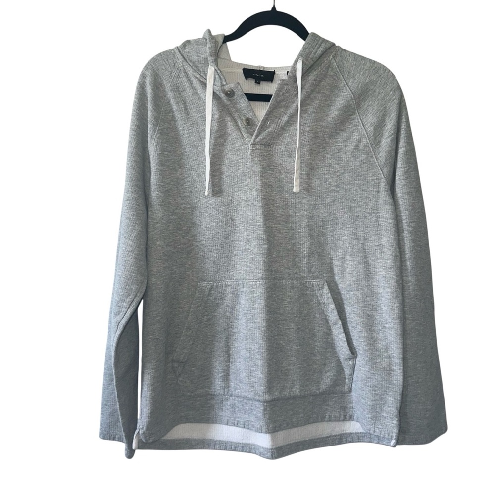 VINCE Men’s Heather Gray Henley Waffleknit Cotton Medium Weight Hoodie- Medium
